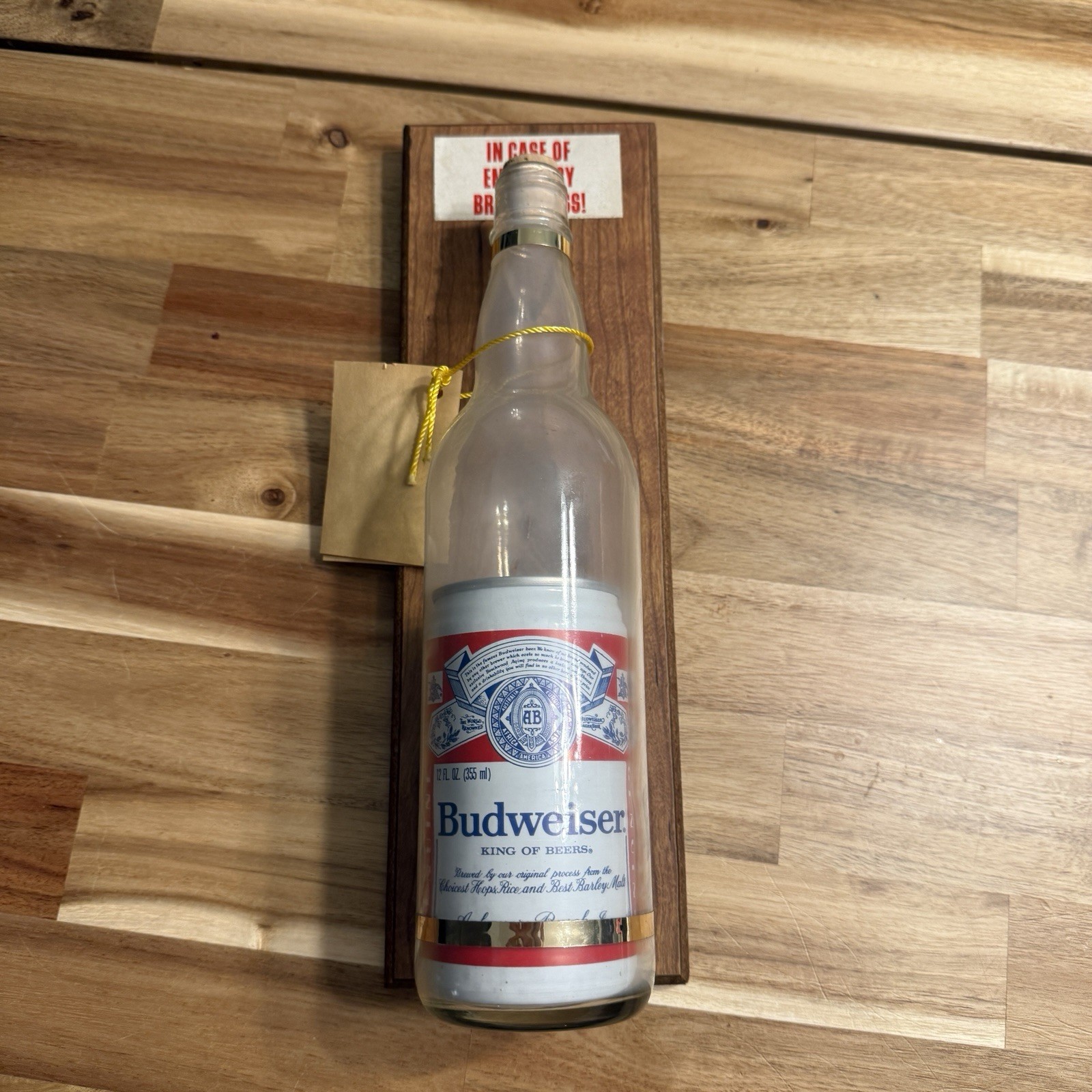 Vintage Budweiser In Case of Emergency Break Glass Bar Display Sign Plaque Tag