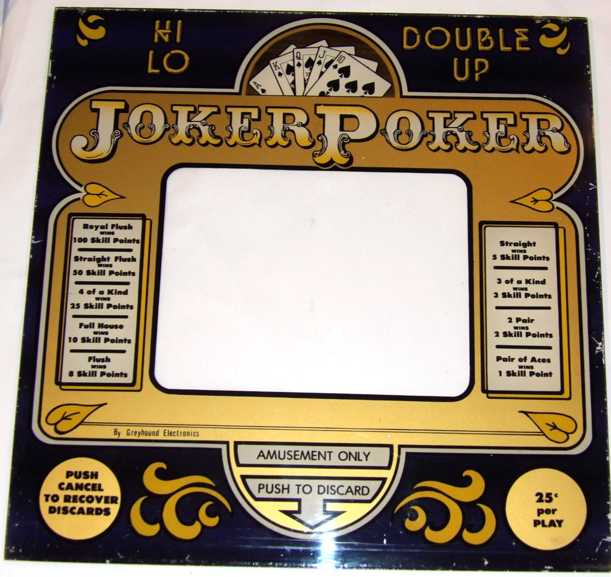VTG 1980s HI-LO JOKER POKER VIDEO GAME GLASS (PLASTIC) 21x21\