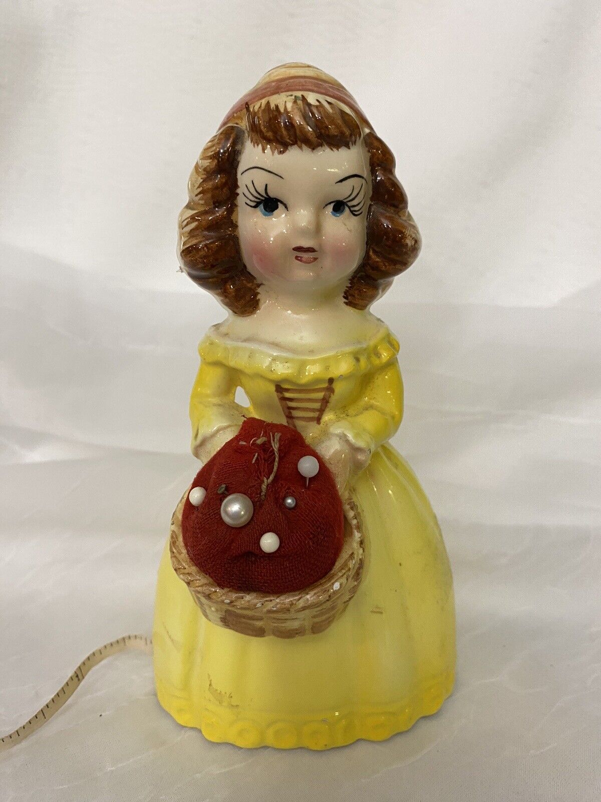Vintage Lady Girl Wearing Yellow Dress Pin Cushions With Tape Measure Rare #F448