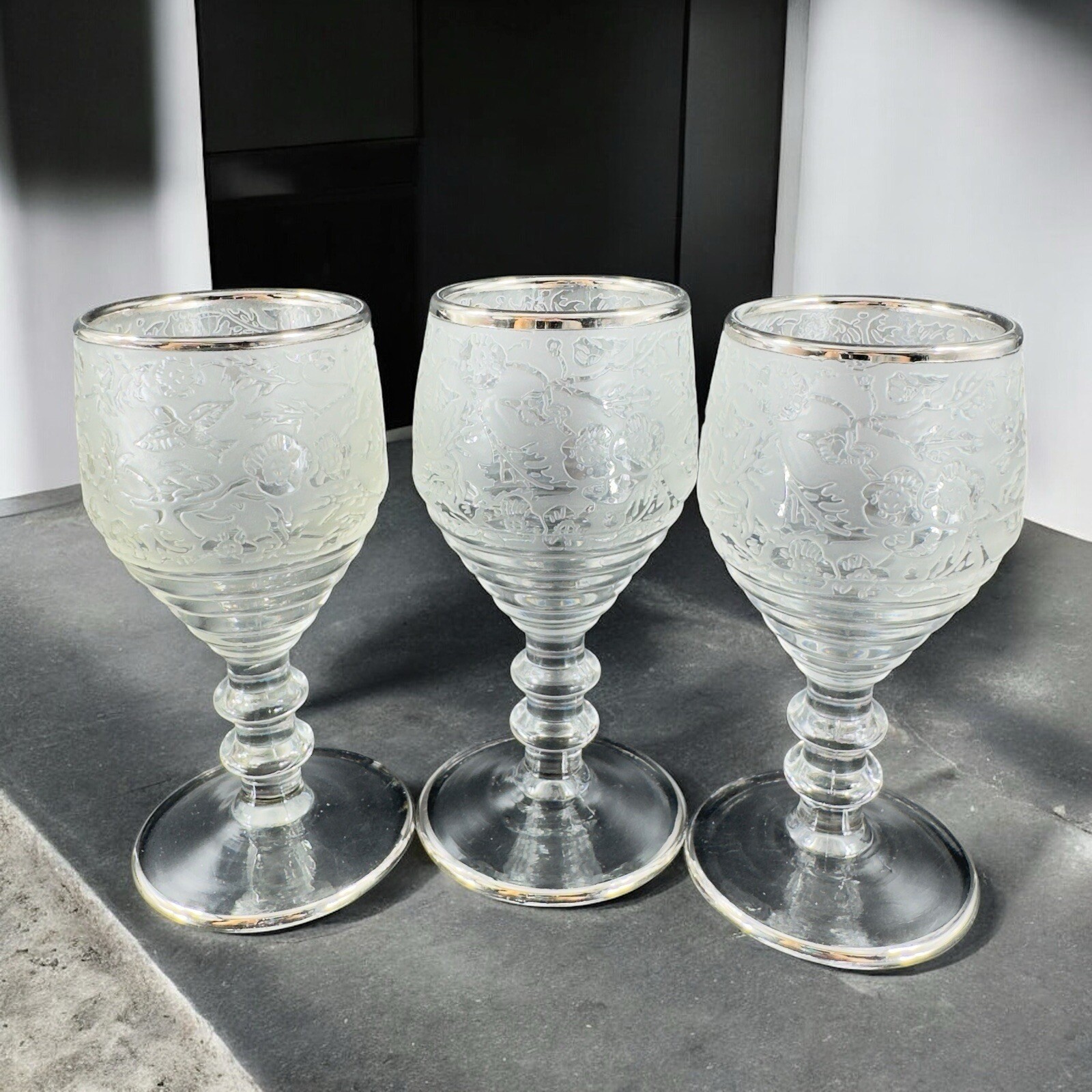 Paden City Glass SPRING ORCHARD Footed Goblet Set 3 Clear Footed Crystal Glasses
