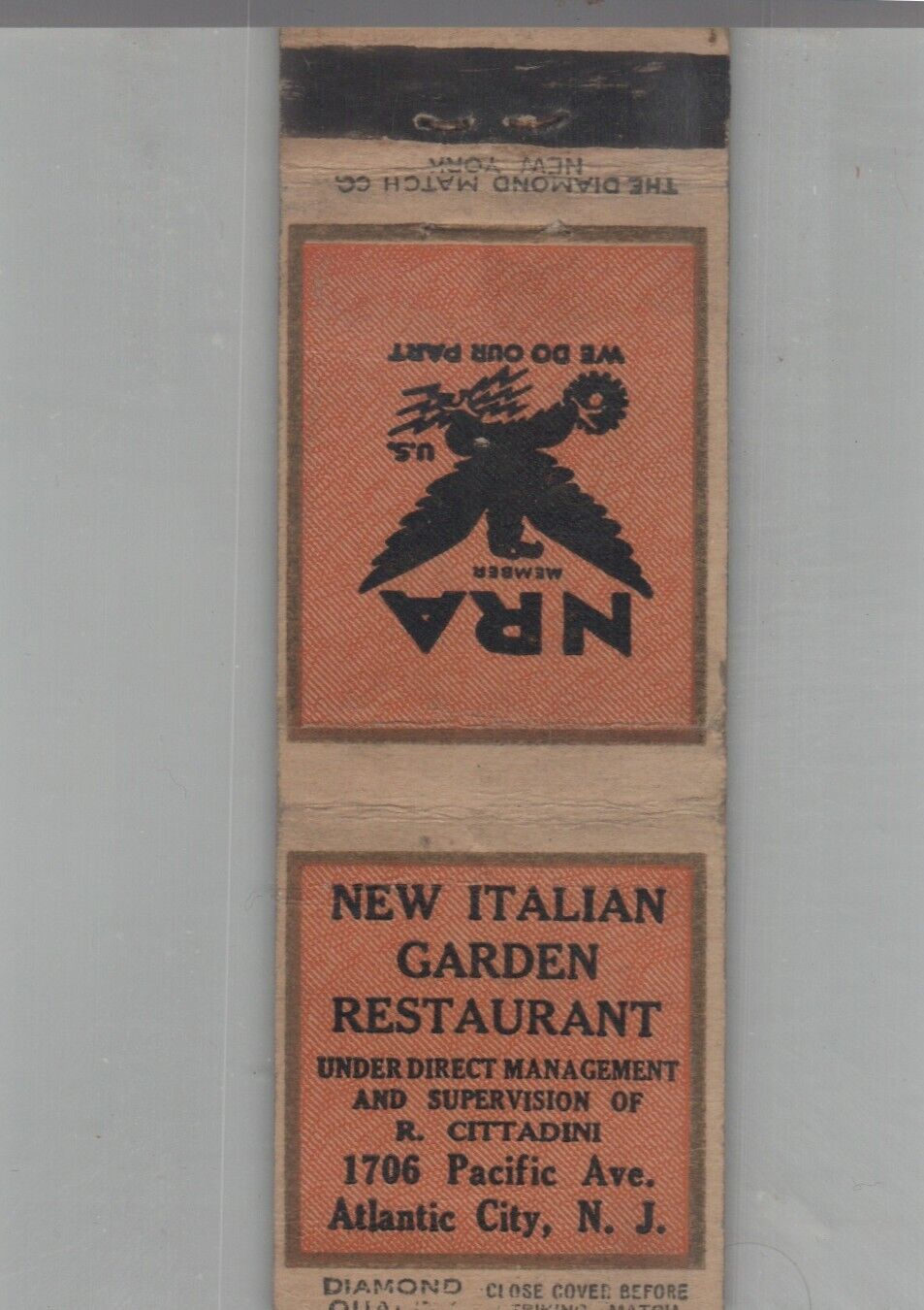 1930s Matchbook Cover Diamond Quality NRA - New Italian Garden Restaurant Atlant