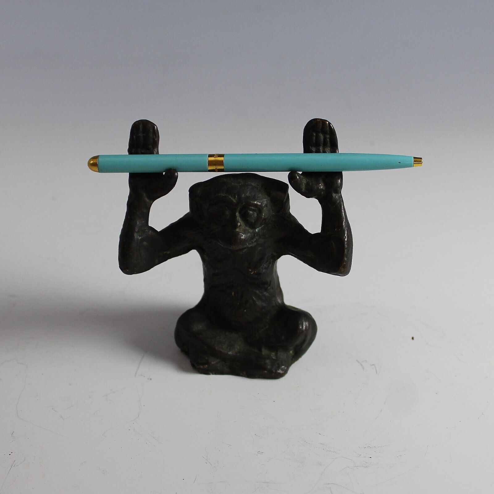 Vintage Bronze Monkey Pen Holder with Robin Blue 1990\'s Tiffany Pen
