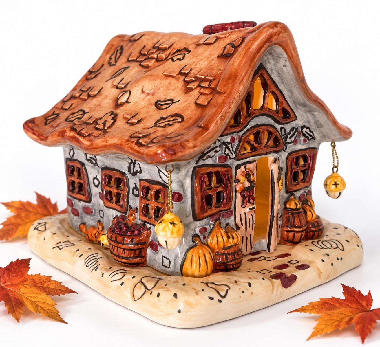 Russ Berrie Fall Autumn Country House Ceramic Tealight Votive Candle Holder