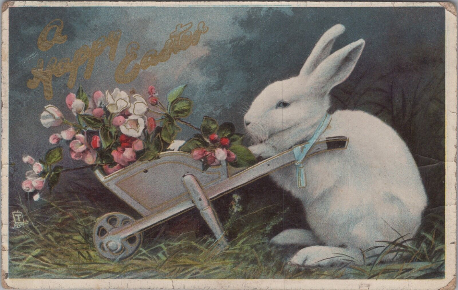 Happy Easter Tuck’s Postcard Bunny Wheelbarrow Gem Easter Series 3646 UNP 5733.2