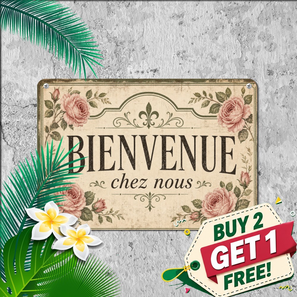 Bienvenue Chez Nous Metal Sign Rustic French Farmhouse Welcome Tin Plaque