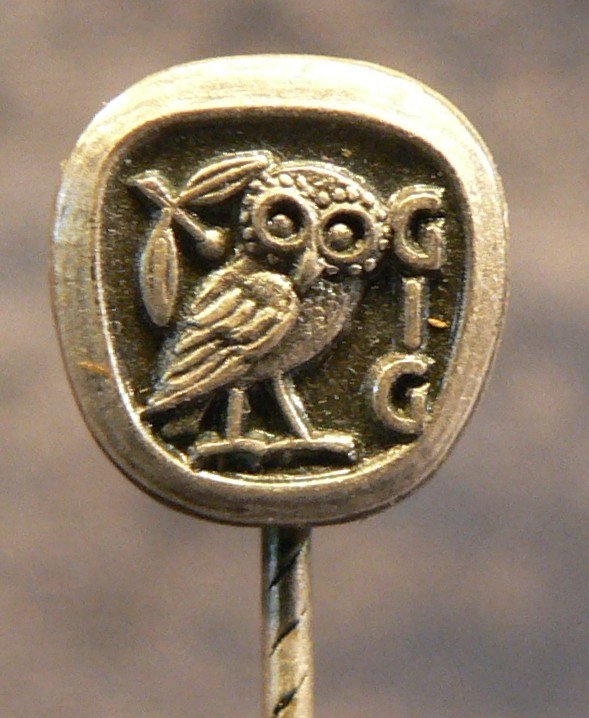OWL, MONEY, SOCIETY FOR MONETARY HISTORY from 1967, G I G, pin 800 silver
