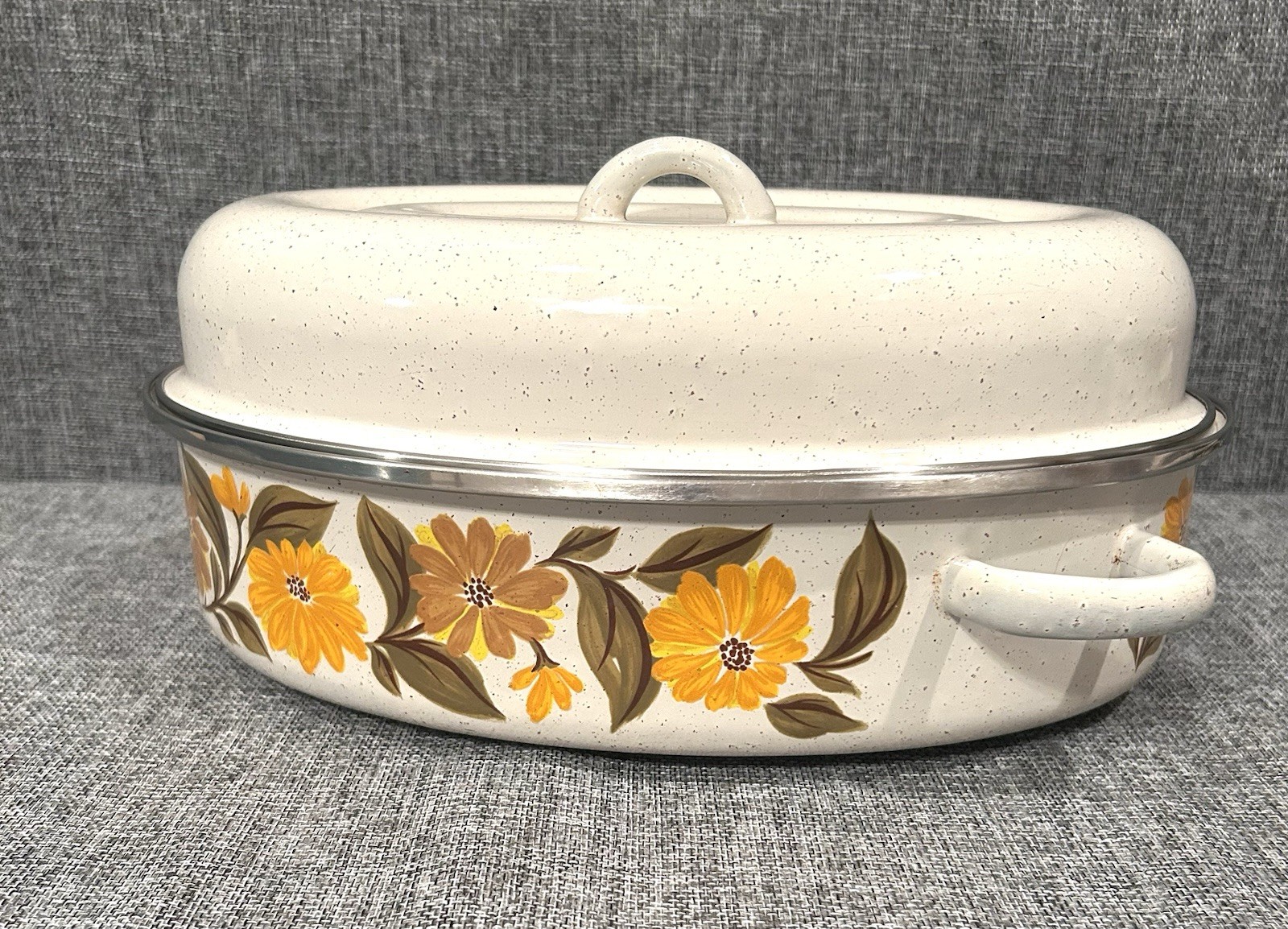 Vintage CAPRI Harvest Blossom Enamel Cookware Oval Roaster Pan Sunflower Daisy