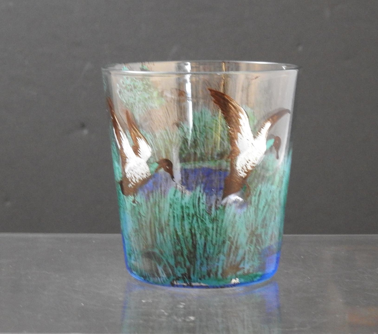 Vintage Hand Painted Duck Scene Glass Tumbler About 3 1/4