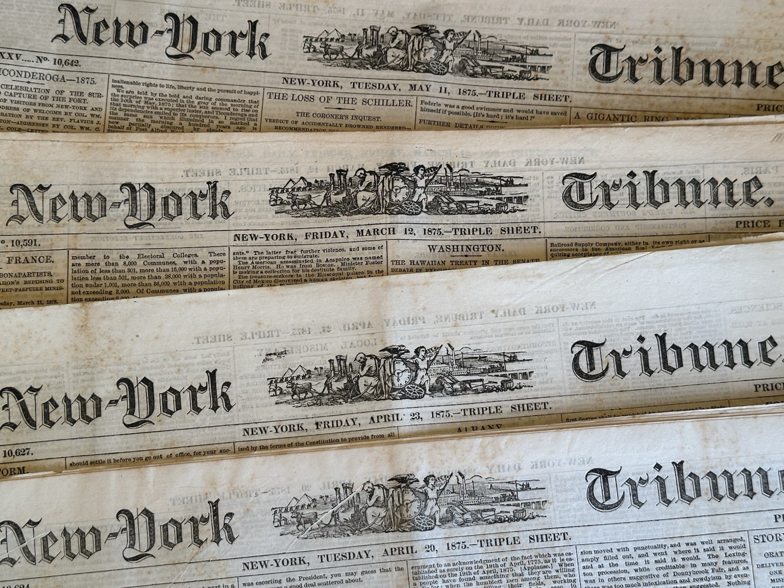 FOUR Vintage 1875 New York Tribune Historic Newspaper\'s RARE