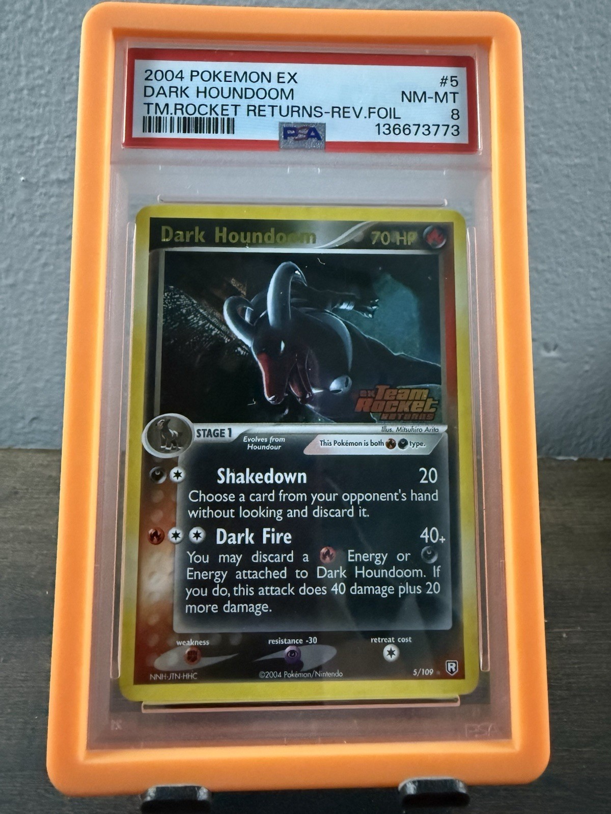 Pokémon 2004 EX Team Rocket Returns Dark Houndoom 5/109 Reverse Holo PSA 8