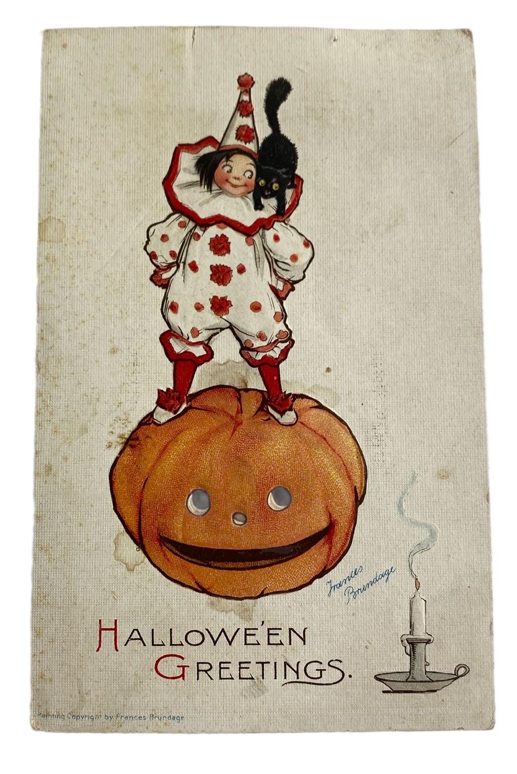 Halloween Greetings Pierot Black Cat Jack-o'-lantern ~ Antique 1910s Postcard
