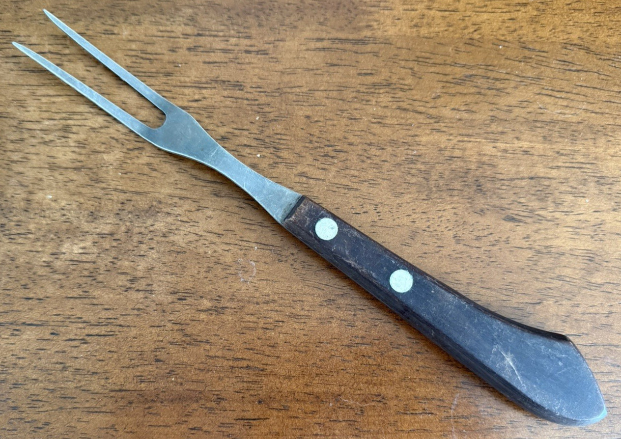 Vintage Oneida Deluxe Stainless USA 10.5” Meat Serving Fork Wood Handle MCM
