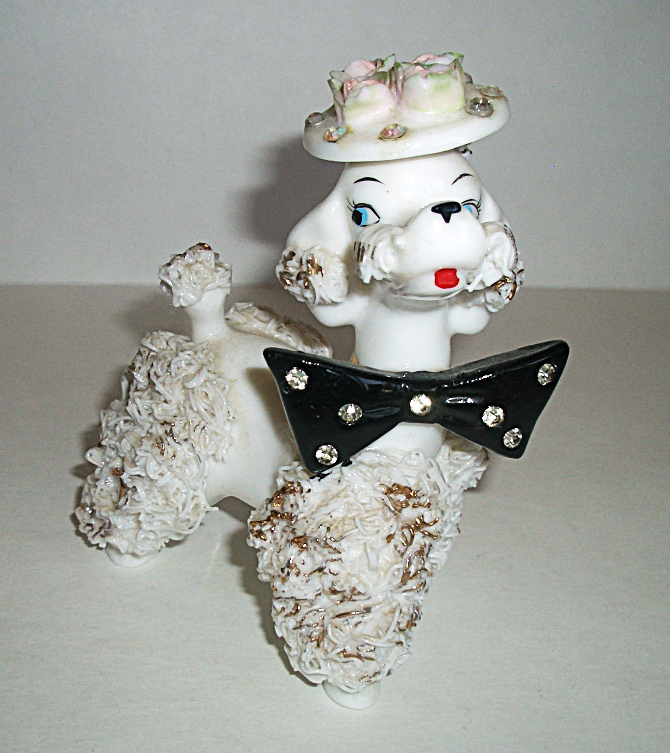 Vtg 1950s LEFTON JAPAN White Spaghetti Poodle Bow Tie Flowered Hat Rhinestones