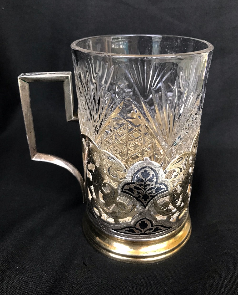 RUSSIAN USSR 1960 VINTAGE 875 SILVER NIELLO DECORATION TEA GLASS HOLDER