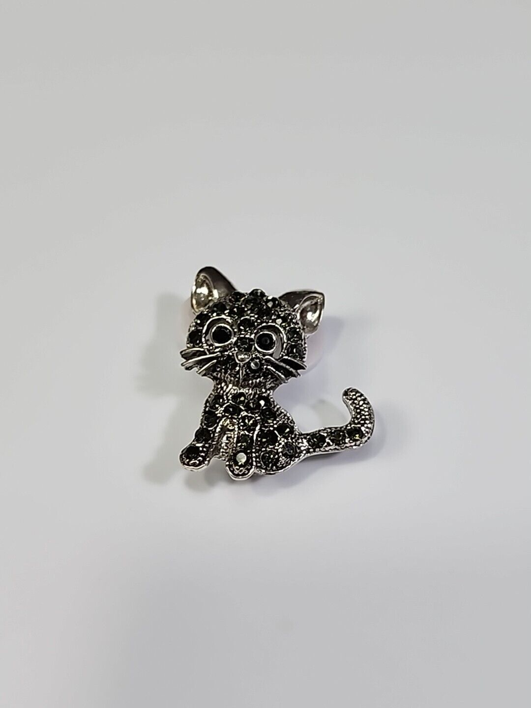 Cat Brooch Pin Silver Color with Black Faceted Faux Gems Kitty Kitten Feline