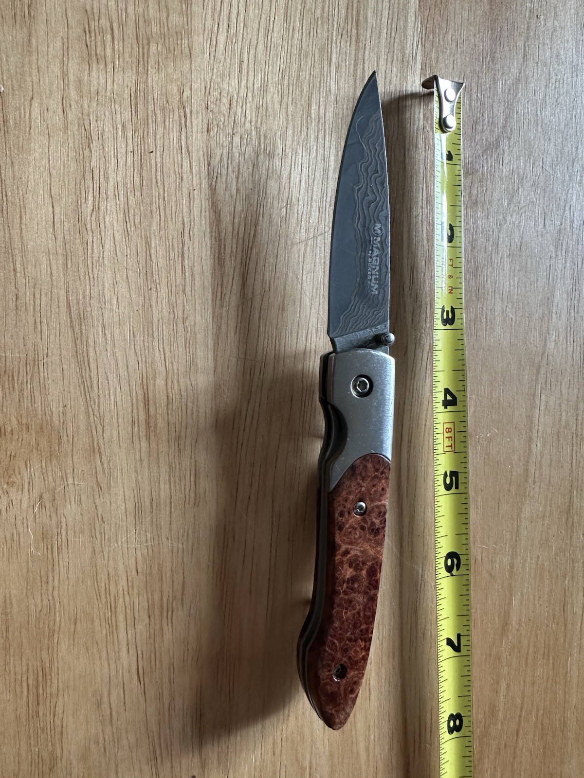 Boker Magnum Senior Liner LockFolder 3” Damascus Blade Burl Handle Discontinued