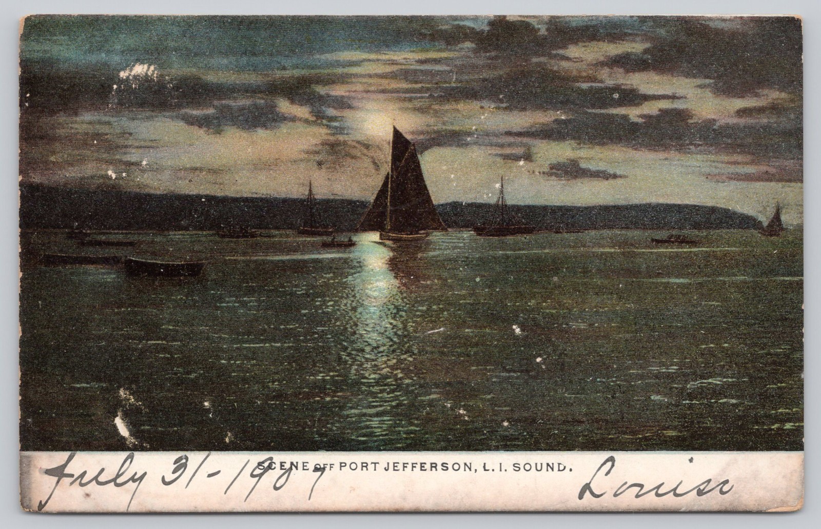 Scene off Port Jefferson Long Island Sound NY Postcard 1907 UDB Night View Ships Scene off Port Jefferson Long Island Sound NY Postcard 1907 UDB Night View Ships