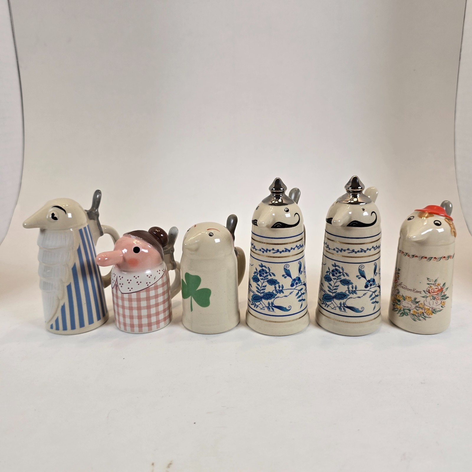 6 Schultz & Dooley Beer Stein Miniatures w/Salt & Pepper Shakers Utica WEBCO 