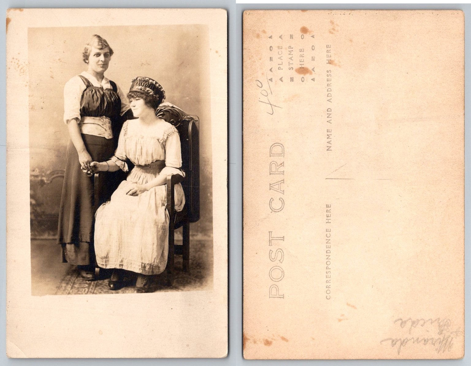 RPPC Two Women Holding Hands Vintage Photo Postcard Early 1900s Studio Portrait RPPC Two Women Holding Hands Vintage Photo Postcard Early 1900s Studio Portrait