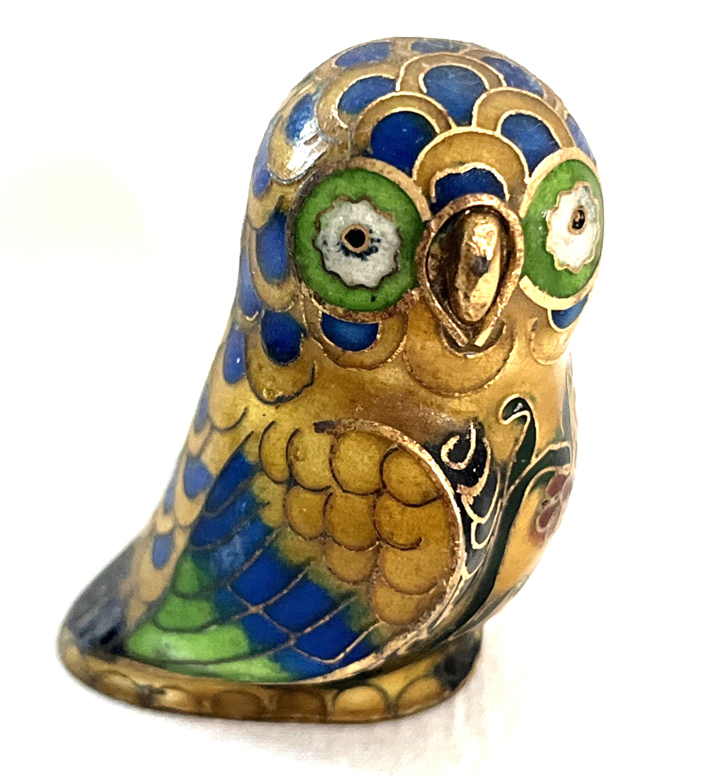 Vintage Cloisonné Enamel Owl Figurine Brass Hand Painted Collectible Trinket