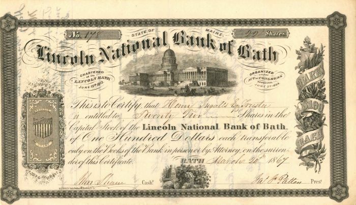 Lincoln National Bank of Bath - Stock Certificate - Banking Stocks