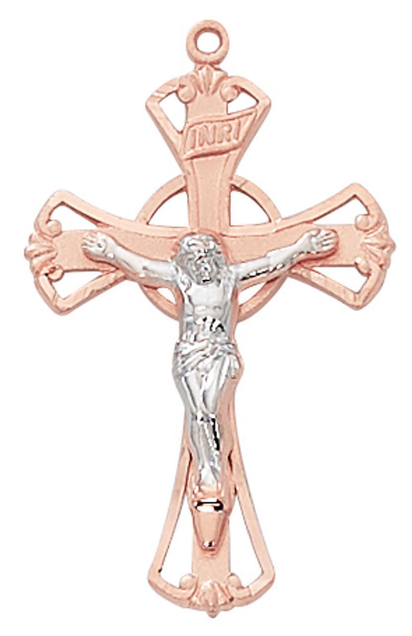 Rose Gold Sterling Silver Two Tone Crucifix Features 18in Long Chain