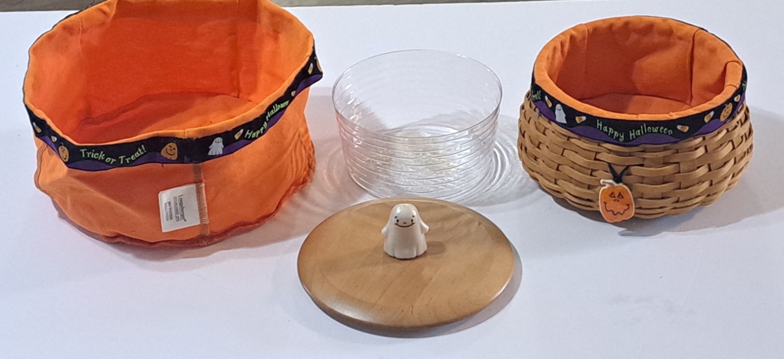 Longaberger 2004 Hostess Happy Halloween Basket Set: 2 Liners, Lid & Ghost Knob