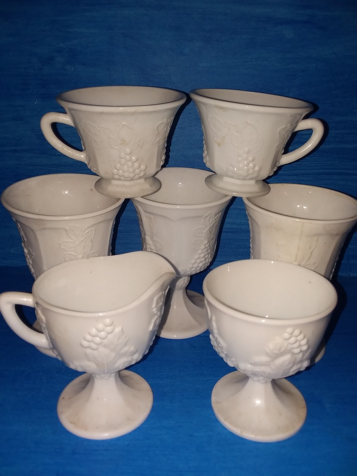 Indiana Colony Milk Glass Harvest Grape Vase cups & Creamer & Sugar 7  pc set