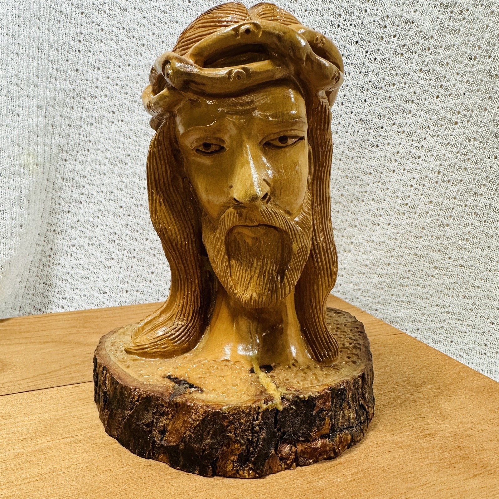 ​Vintage Olive Wood Jesus Bust Head Carving Holy Land Bethlehem Statue Religious