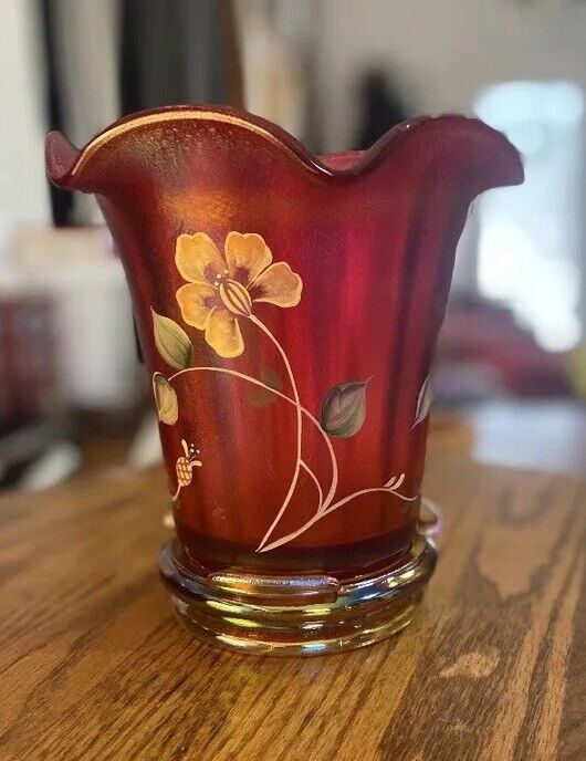 Fenton 100 TH Anniversary FOUNDER'S VASE Hand Painted Ruby Red Glass Signed. Box