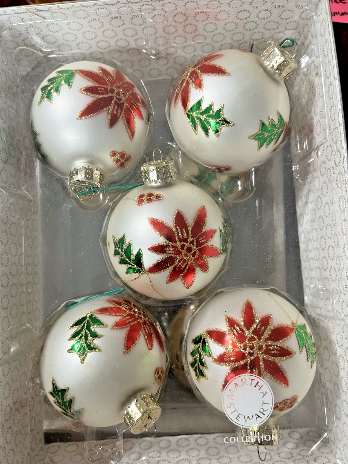 Vtg. Martha Stewart 3 Sets 2007 Glass Round Ball Poinsettia Christmas Ornaments 