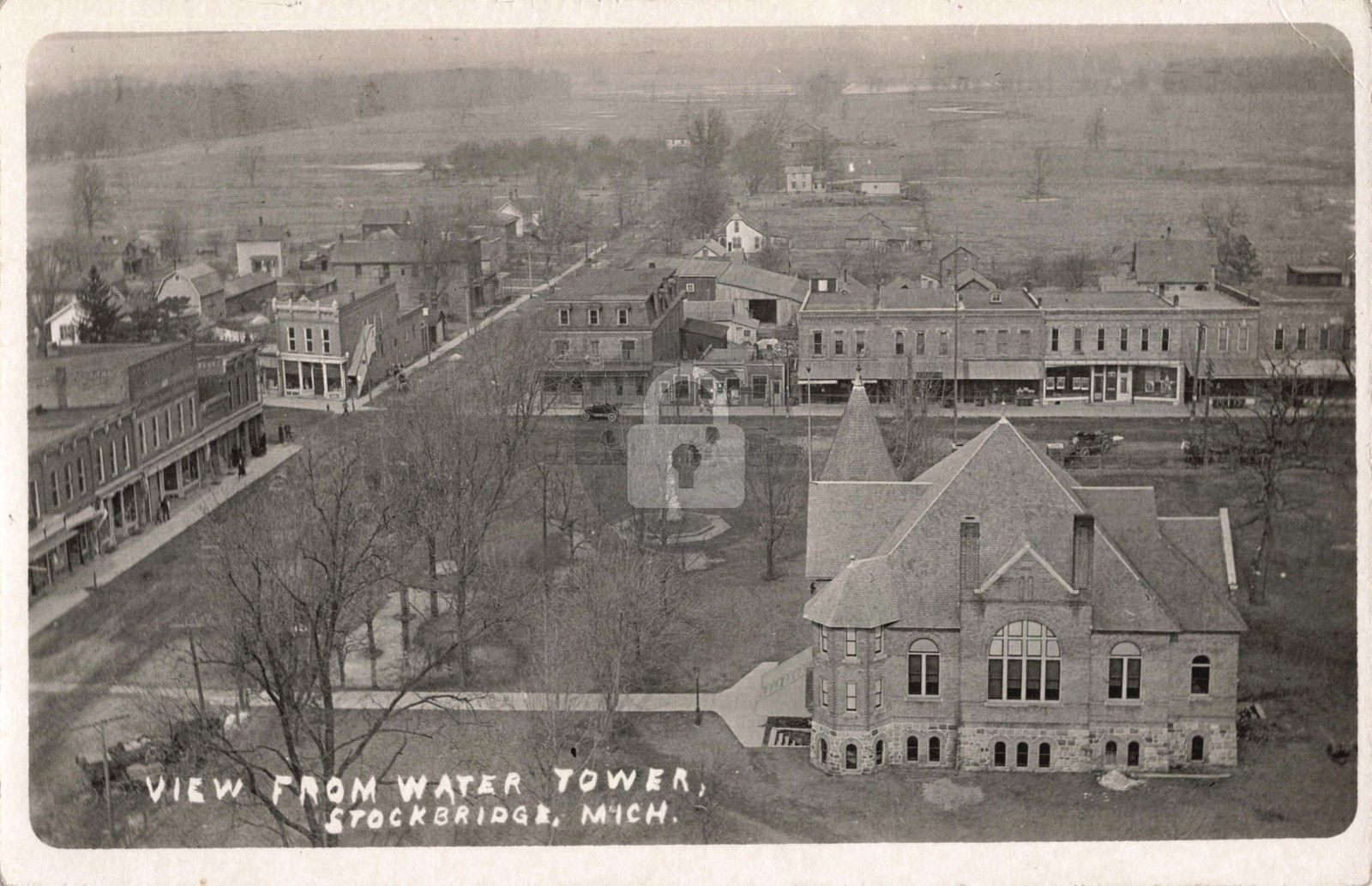 Bird\'s-Eye View fr Water Tower Stockbridge MI Michigan RPPC Photo Postcard COPY