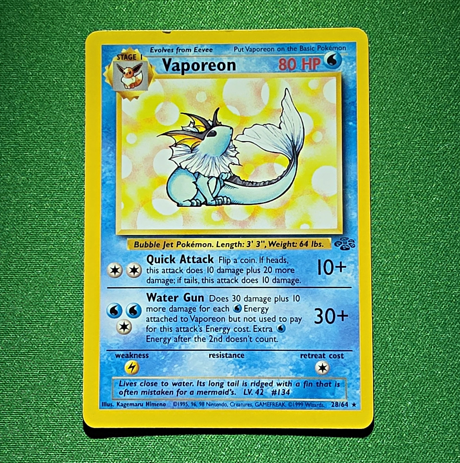 Pokémon 1999 Jungle Vaporeon Card 28/64 English Wizards of the Coast Pokémon 1999 Jungle Vaporeon Card 28/64 English Wizards of the Coast