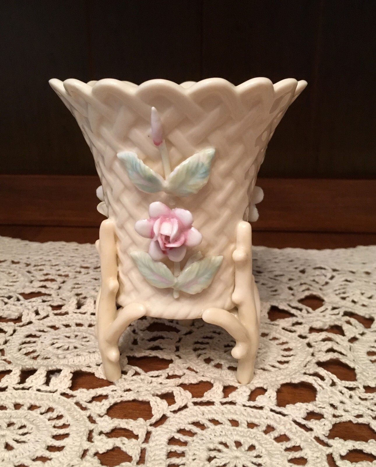 Belleek Style 3 leg  Porcelain Vase with Porcelain 3-D Flowers marked 6460