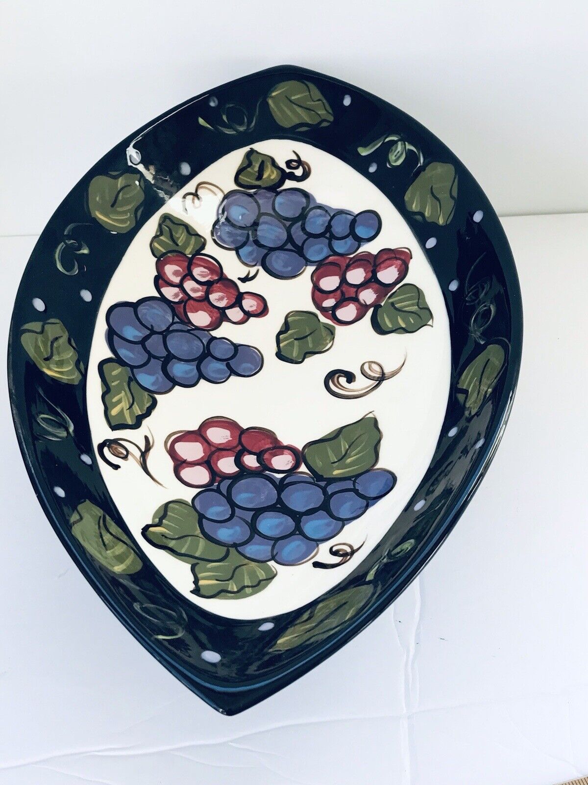 Paula Estey  Hand Painted Art Pottery Large Grapes Footed Pedestal bowl signed