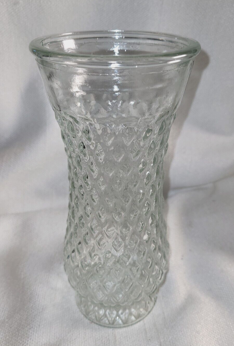 Vintage Diamond Pattern Clear  Pressed Glass Bouquet Vase 8.5