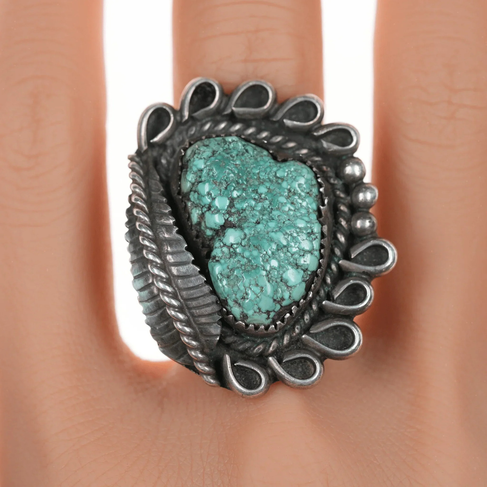 sz9.5 Vintage Native American sterling silver botryoidal turquoise ring