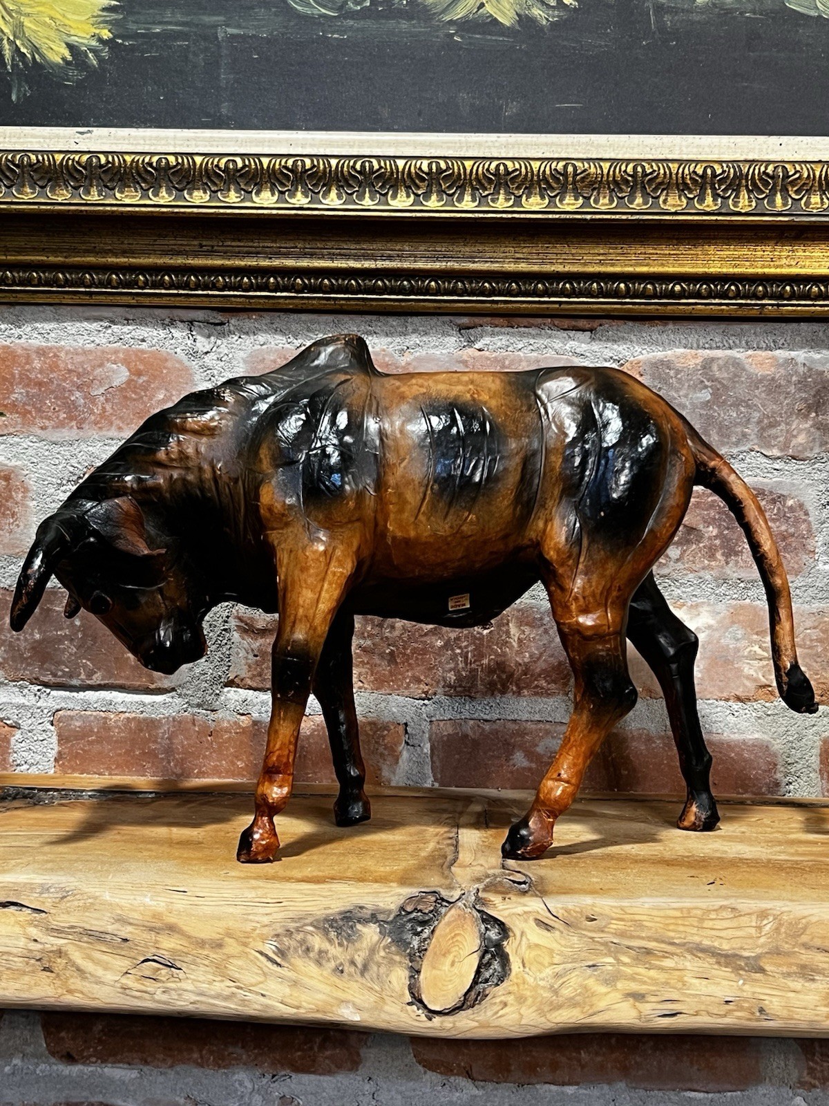 VINTAGE MID-CENTURY HANDMADE LARGE LEATHER BULL STATUE SCULPTURE Made In India