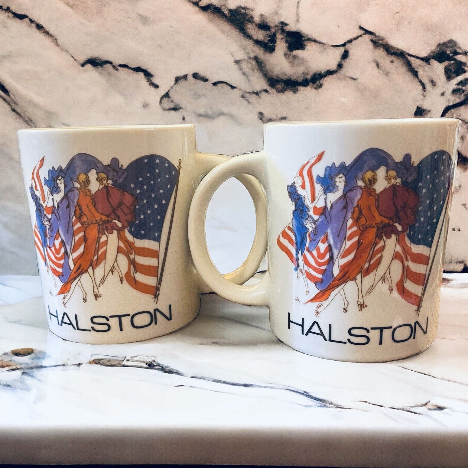 Set Of 2 Halston Vintage American Classic Fashion Coffee Cups Mugs 12oz