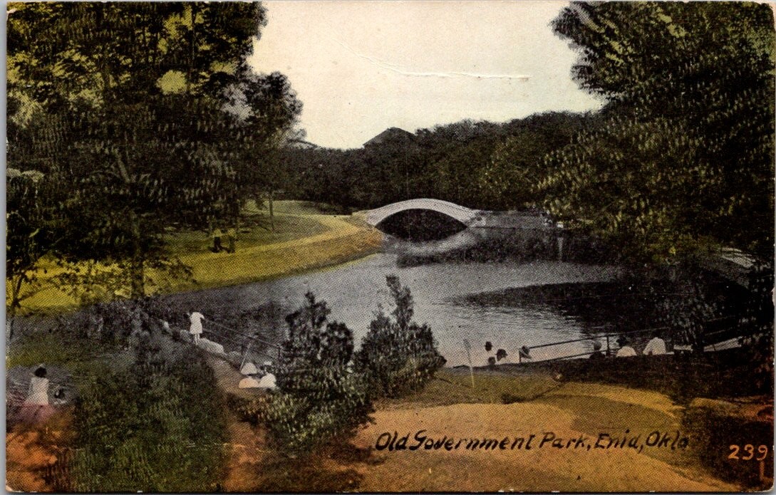 Old Government Park Enid Oklahoma Bridge Water People Trees Landscape Postcard
