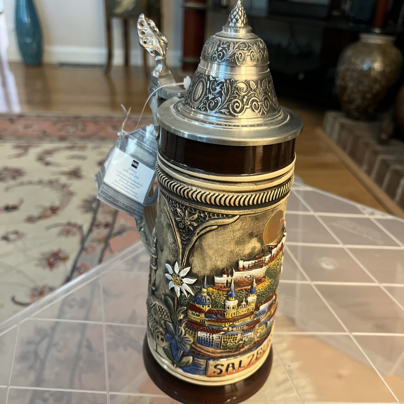 KING Salzburg Austria Beer Stein Hand Painted Relief Pewter Lid COA New Conditio