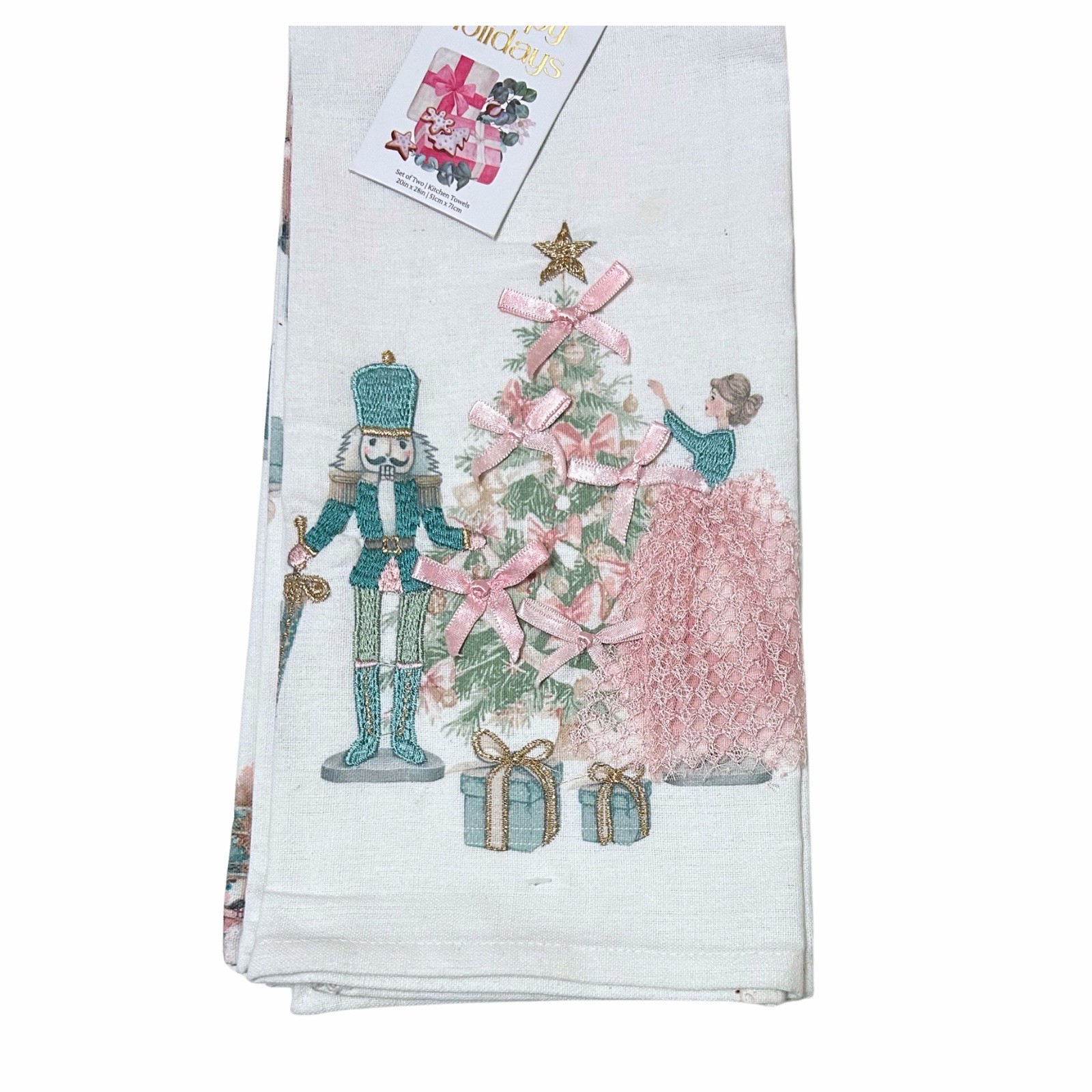 Mireille Designs KITCHEN TOWELS 2 NUTCRACKERS BLUE PINK 20 X 28 Handcrafted New