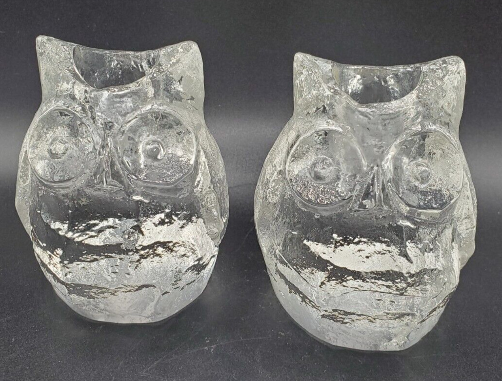 Pair Solid Clear Art Glass Figural Owl Candle Holders Candlesticks Crystal