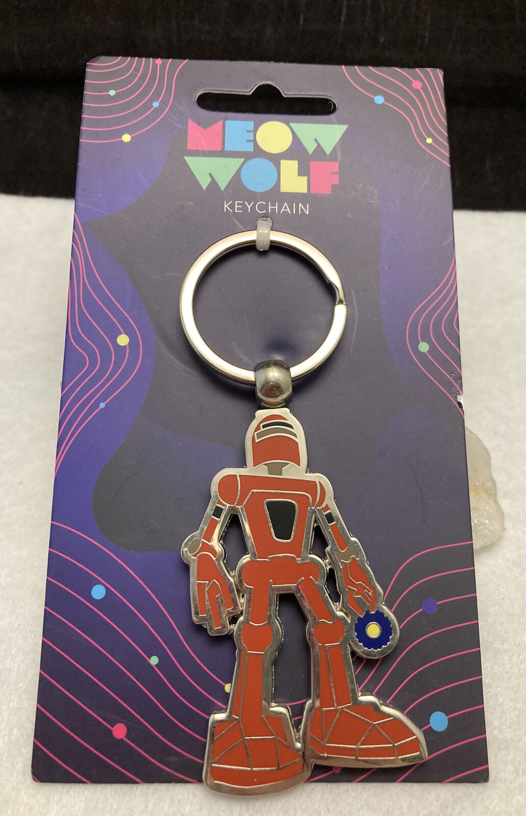 Meow Wolf Red Robot Enamel Silver Tone Metal Keychain