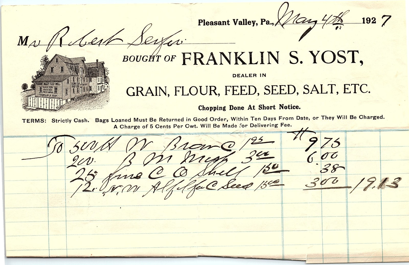 1927 Franklin S. Yost Pleasant Valley PA Grain Dealer Billhe