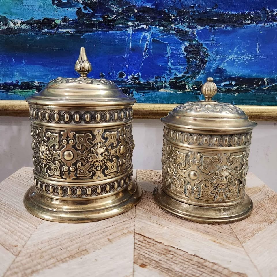 Pair Vintage Victorian 1880's Brass Ornate Lidded Containers String Holder Lions