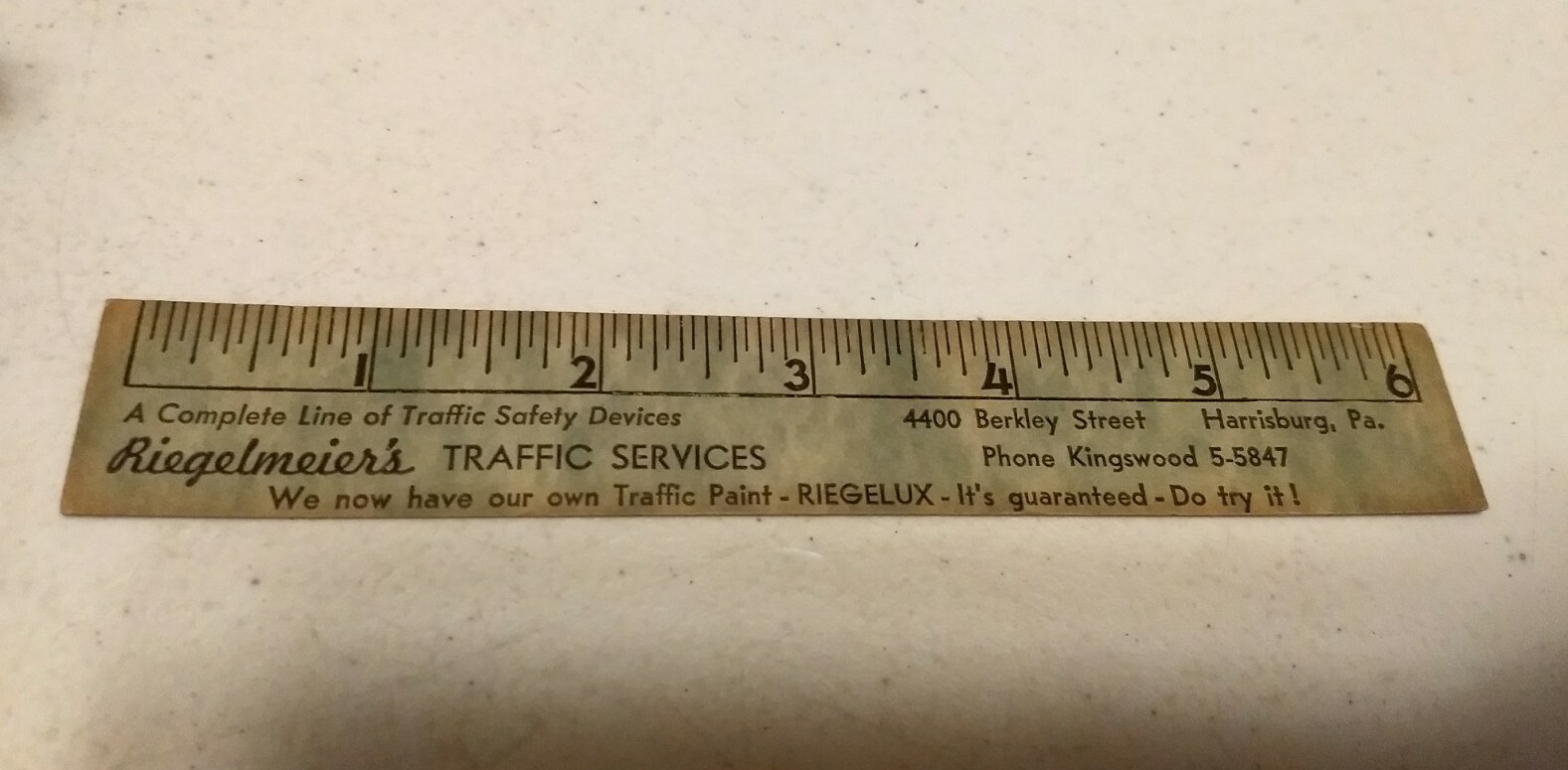 Vintage 1958 Riegelmeier\'s Traffic Services Harrisburg PA Advertising Ruler