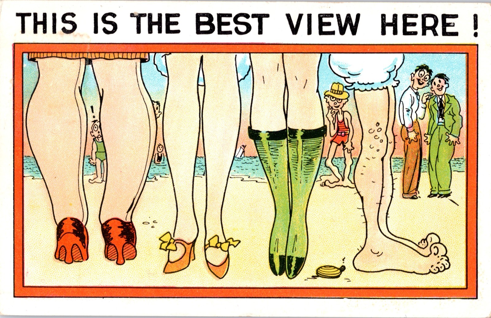VINTAGE THIS IS THE BEST VIEW HERE BEACH LEGS BATHERS 1935 HUMOR POSTCARD PI