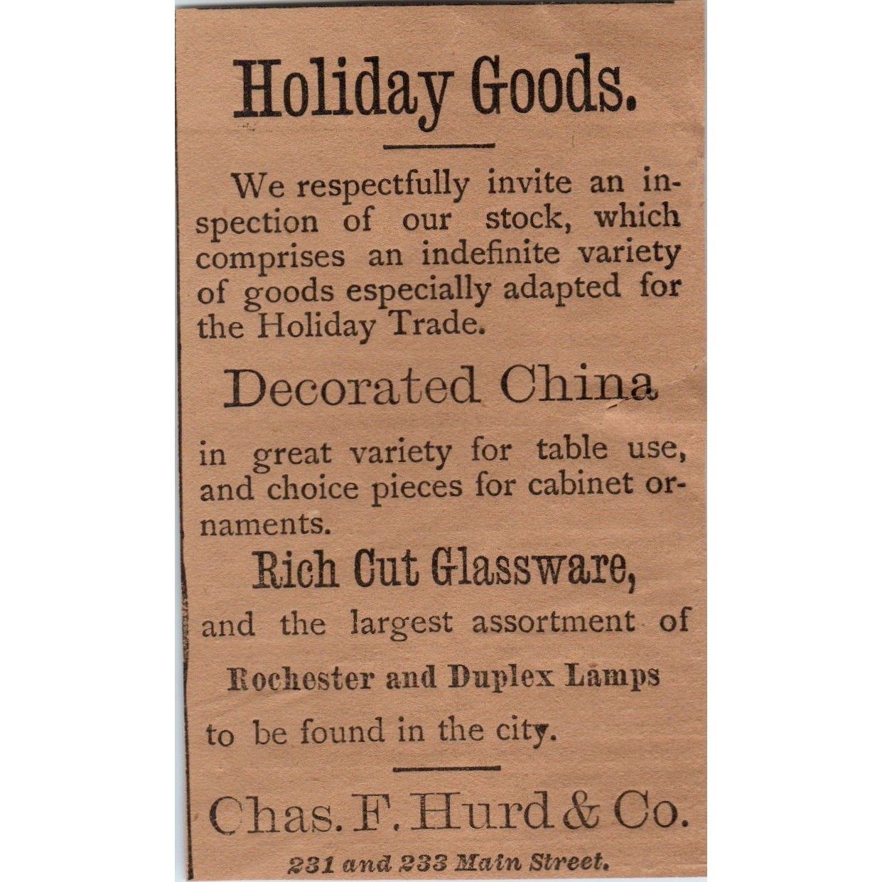 Chas. F. Hurd & Co Dry Goods Main St. 1886 Hartford CT Victorian Ad AB8-HT1