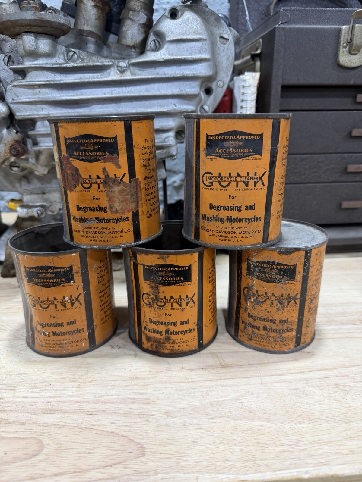 Lot Of 5 Harley Davidson Gunk Cans 1940’s Panhead Knucklehead Era